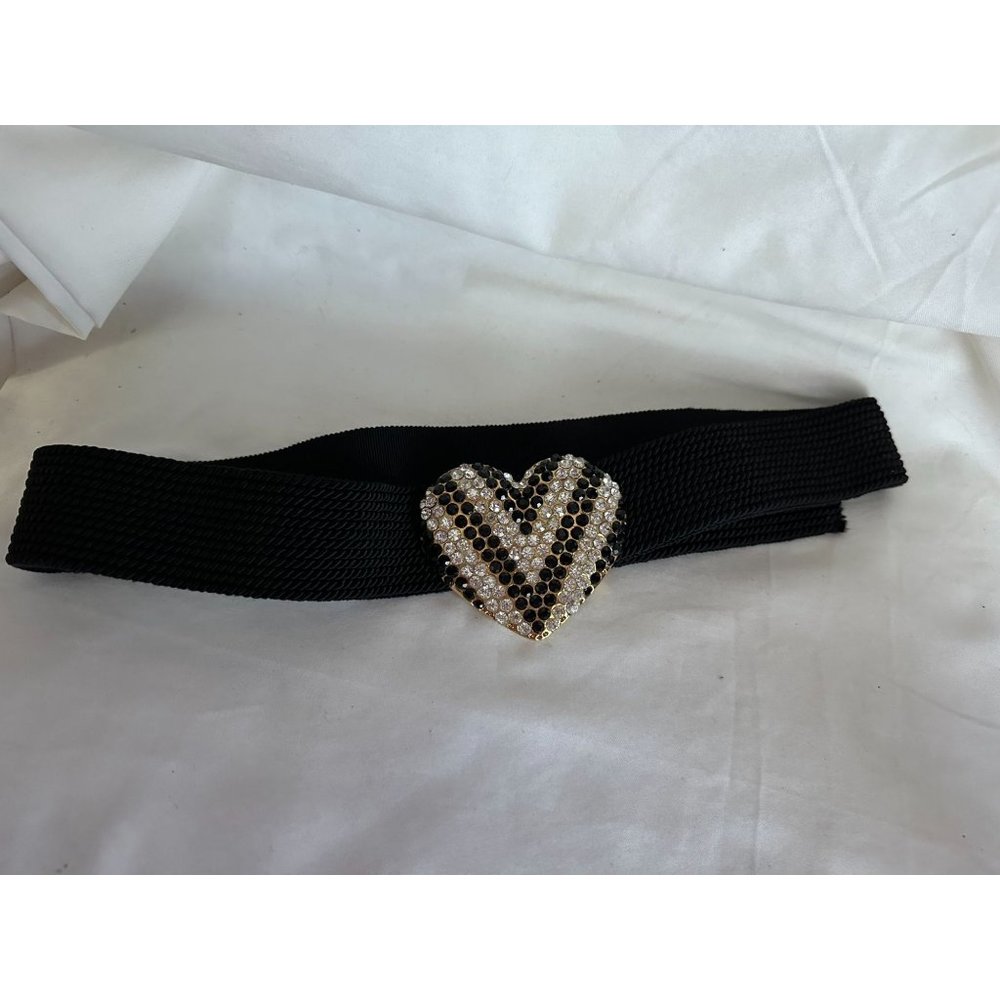 Vintage adjustable elastic belt by Gutos with rhinestone heart
